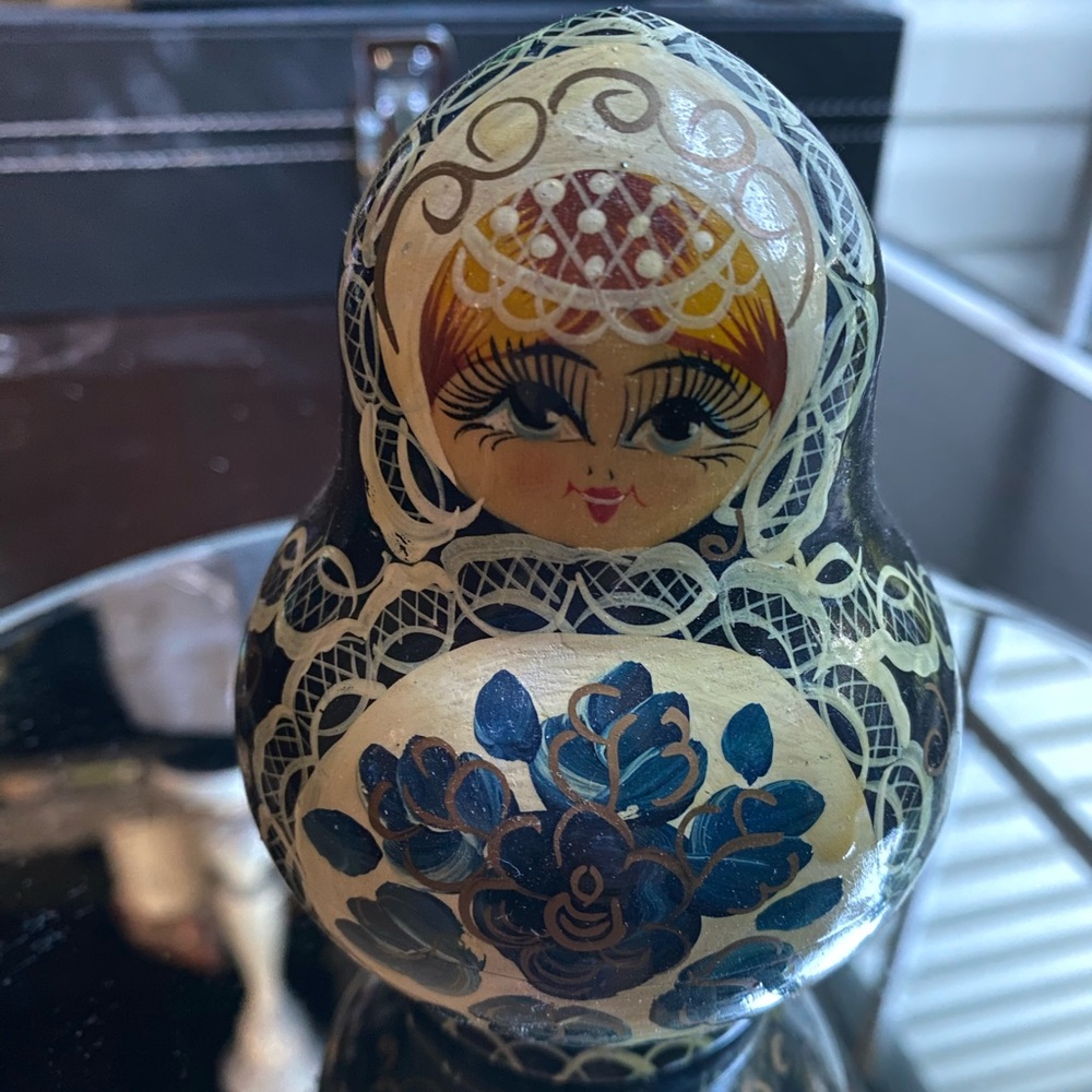 Hand-Painted Russian Nesting Doll - Blue Floral Design